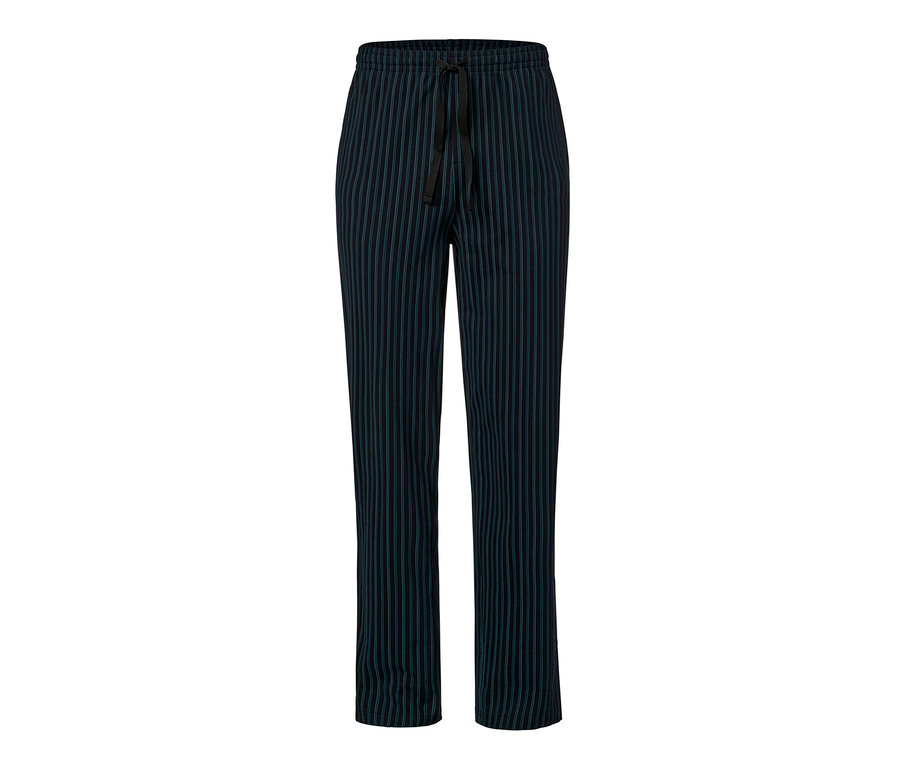 Eine Pyjamahose mit schwarzen und blauen Streifen.
