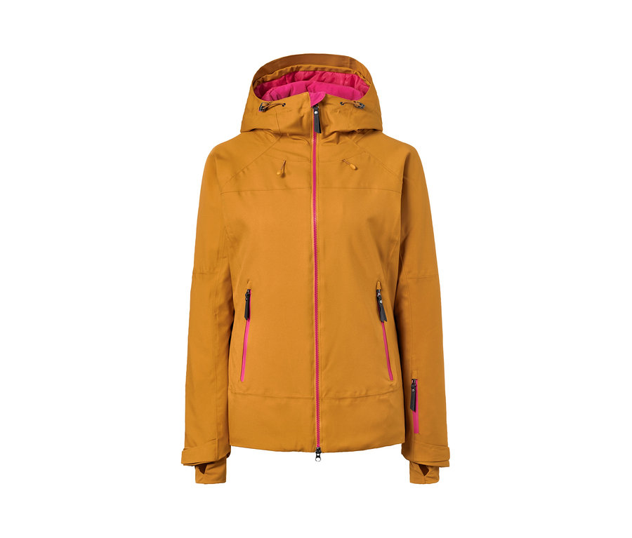 Gelbe Skijacke mit pinkfarbenen Details.