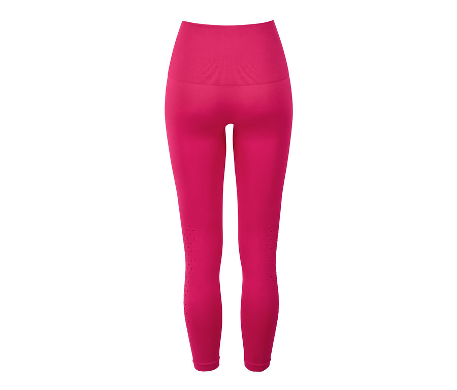 Pinke Sporttights mit perforierten Details im unteren Beinbereich.