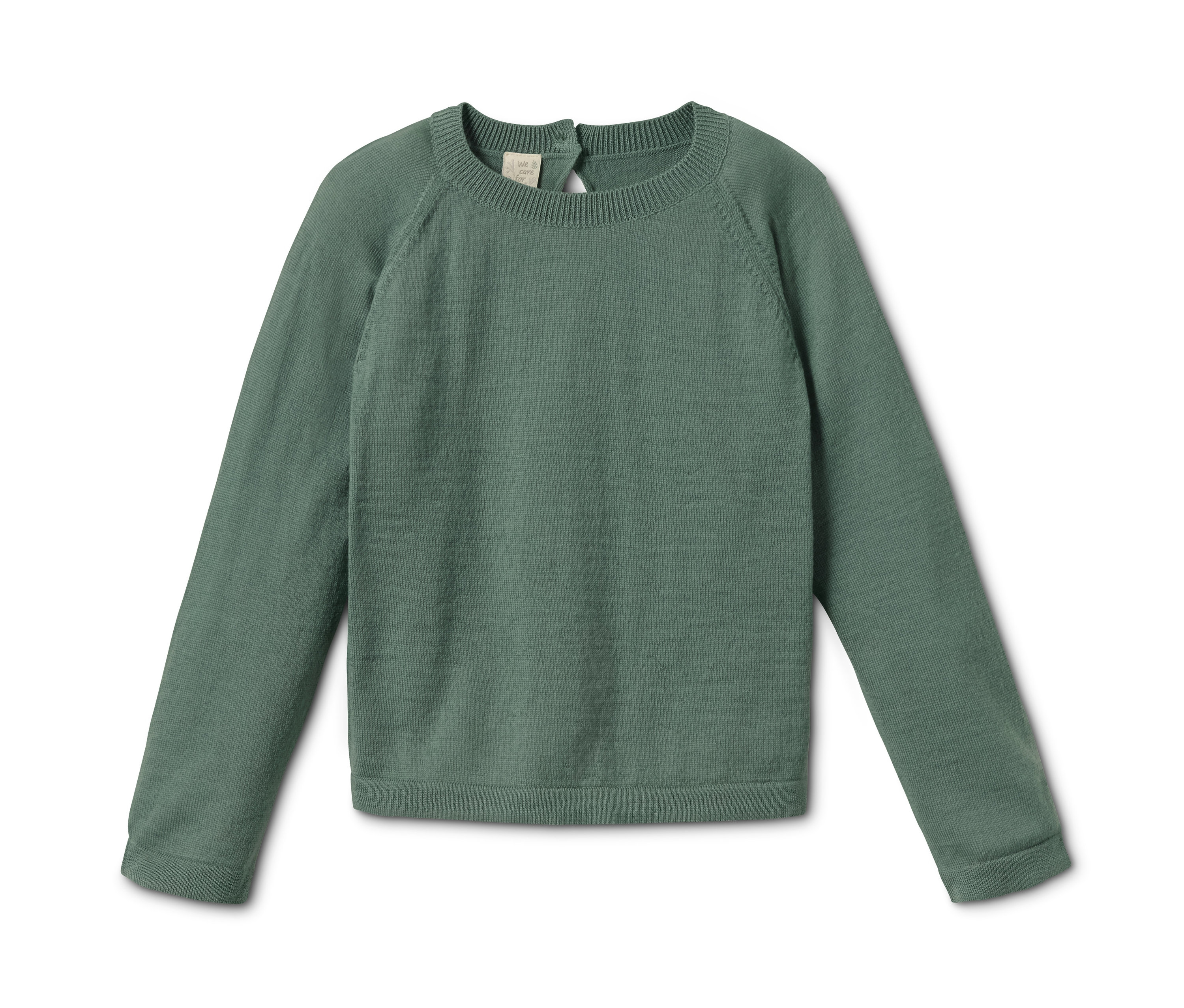 Grüner Strickpullover aus 100% RWS-zertifizierter Merinowolle liegt auf einem weißen Hintergrund.
