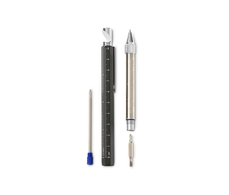Ein Multifunktions-Stift in Schwarz mit Lineal, Flaschenöffner und Schraubenzieher.