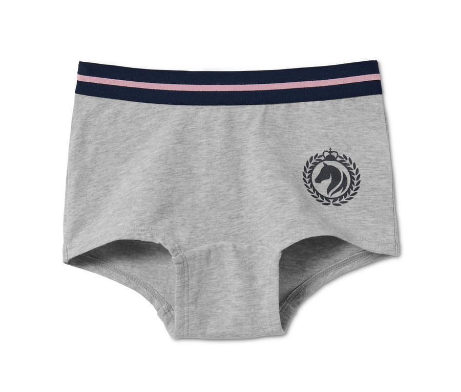Nahaufnahme einer grauen Panty aus Bio-Baumwolle mit marineblau-rosa gestreiftem Bund und Pferdekopfdruck im Rahmen.