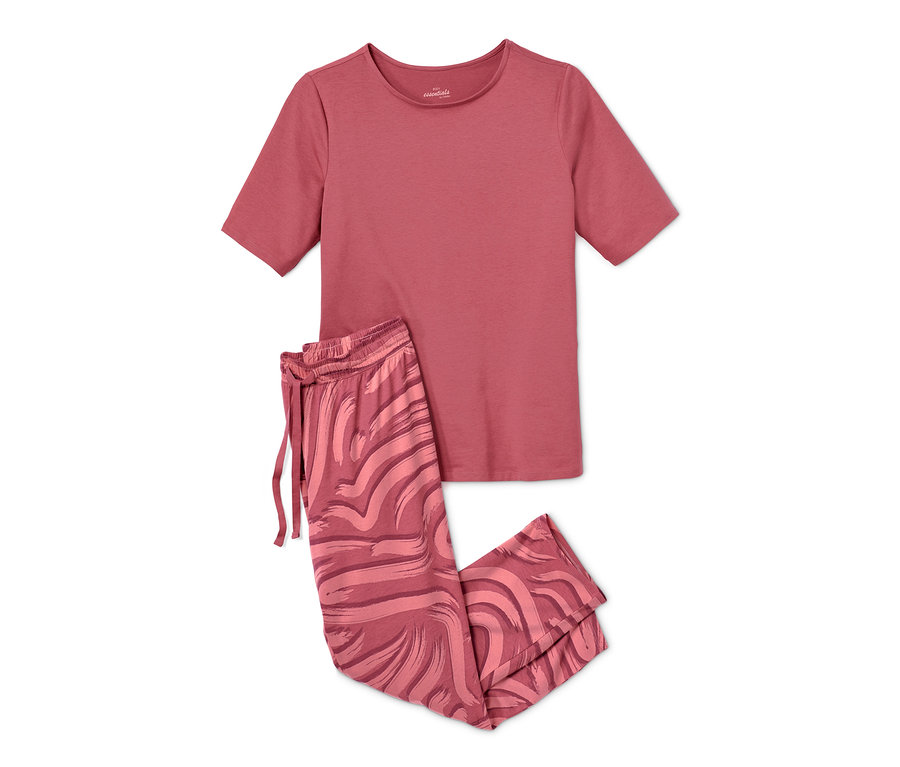 Ein malvenfarbener 7/8-Pyjama, bestehend aus einem Kurzarm-T-Shirt und einer Hose mit abstraktem Muster.