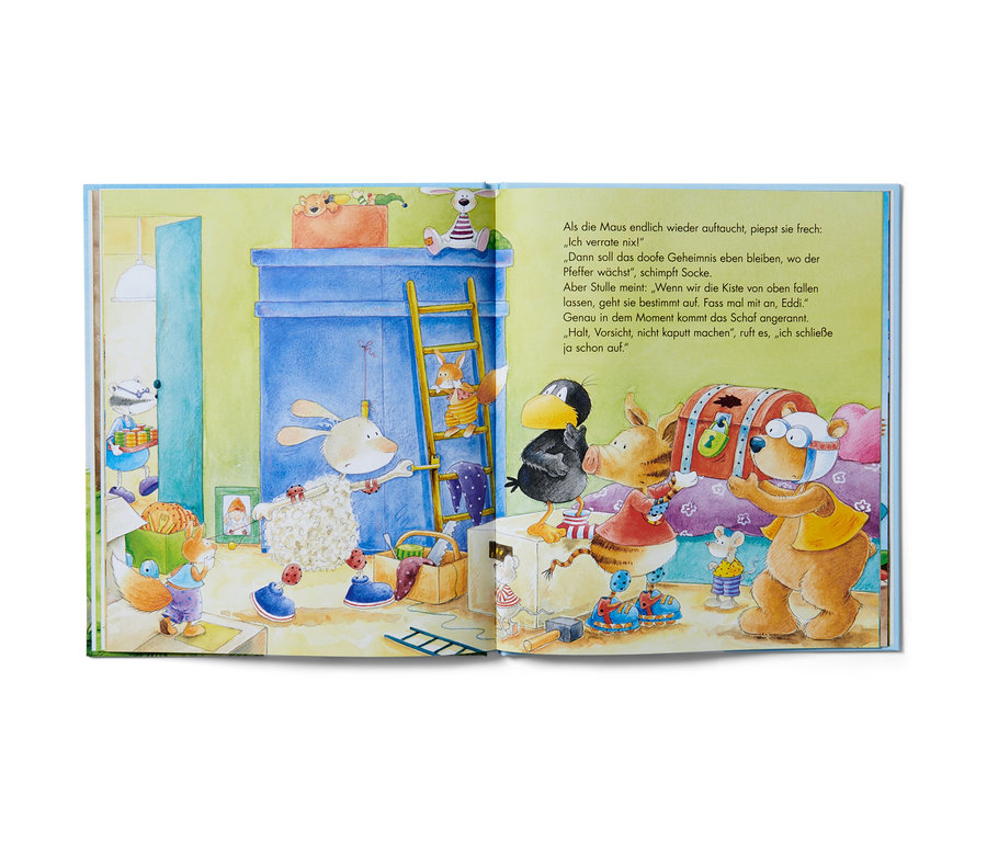 Illustration aus dem Buch Kunterbunte Geschichten vom kleinen Raben Socke zeigt Tiere in einem Zimmer.