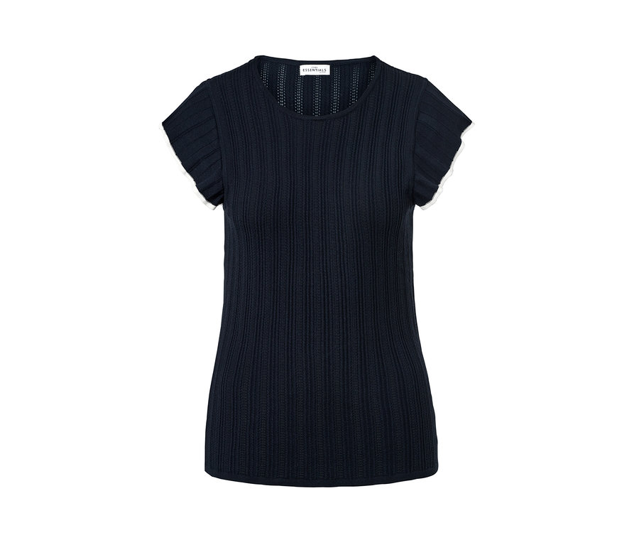 Dunkelblaues Stricktop mit Ajourmuster.