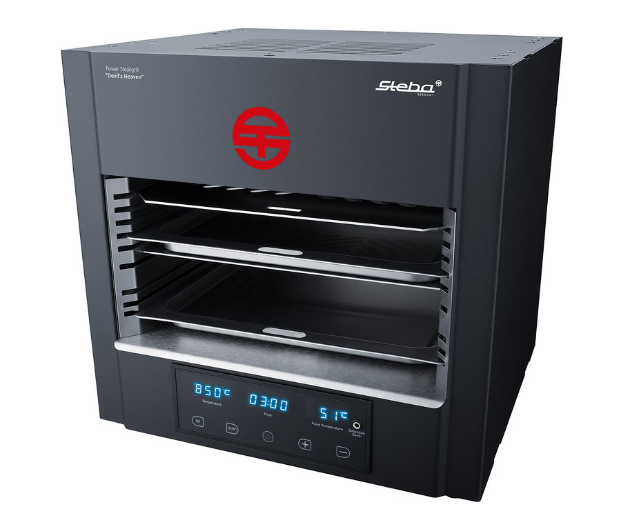 Schwarzer Steba-Power-Steakgrill »PS E2600 XL DEVIL« mit Edelstahlschalen im Inneren.