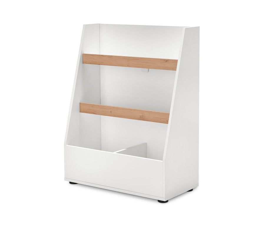 Weißes Stufenregal mit zwei Holzregalböden.