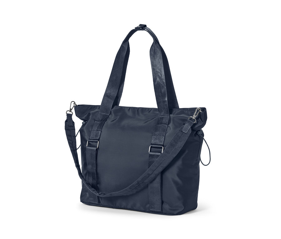 Eine dunkelblaue Sporttasche mit Riemen und Griffen.