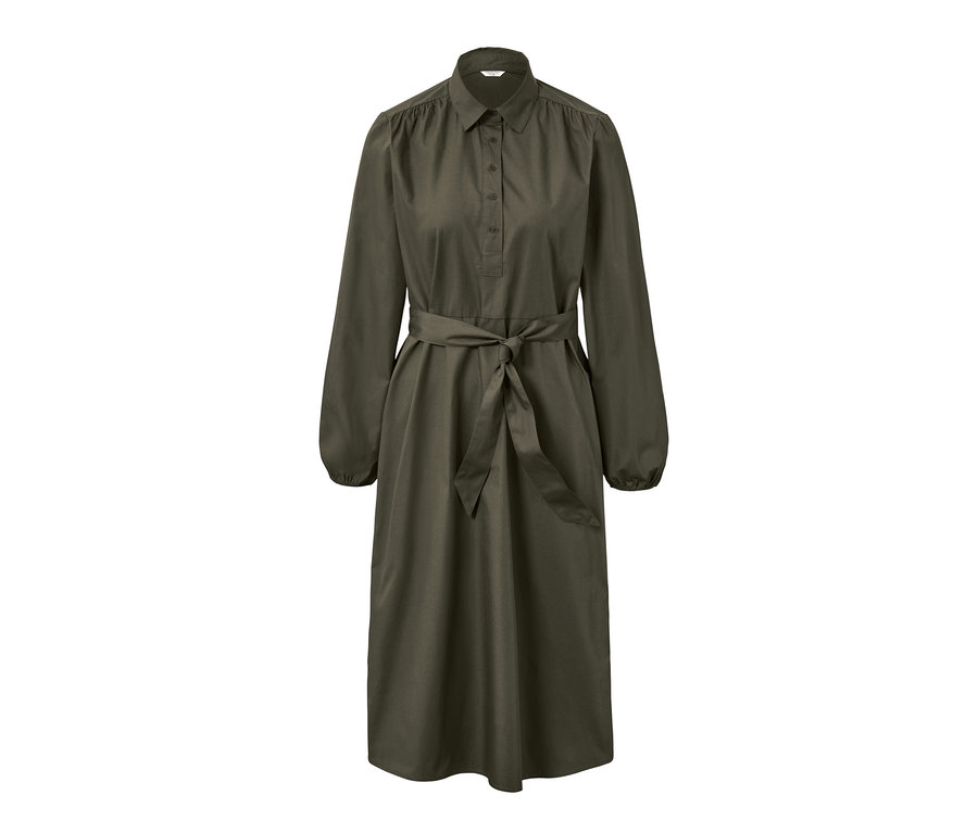 Ein olivgrünes Popeline-Kleid mit Bindegürtel.