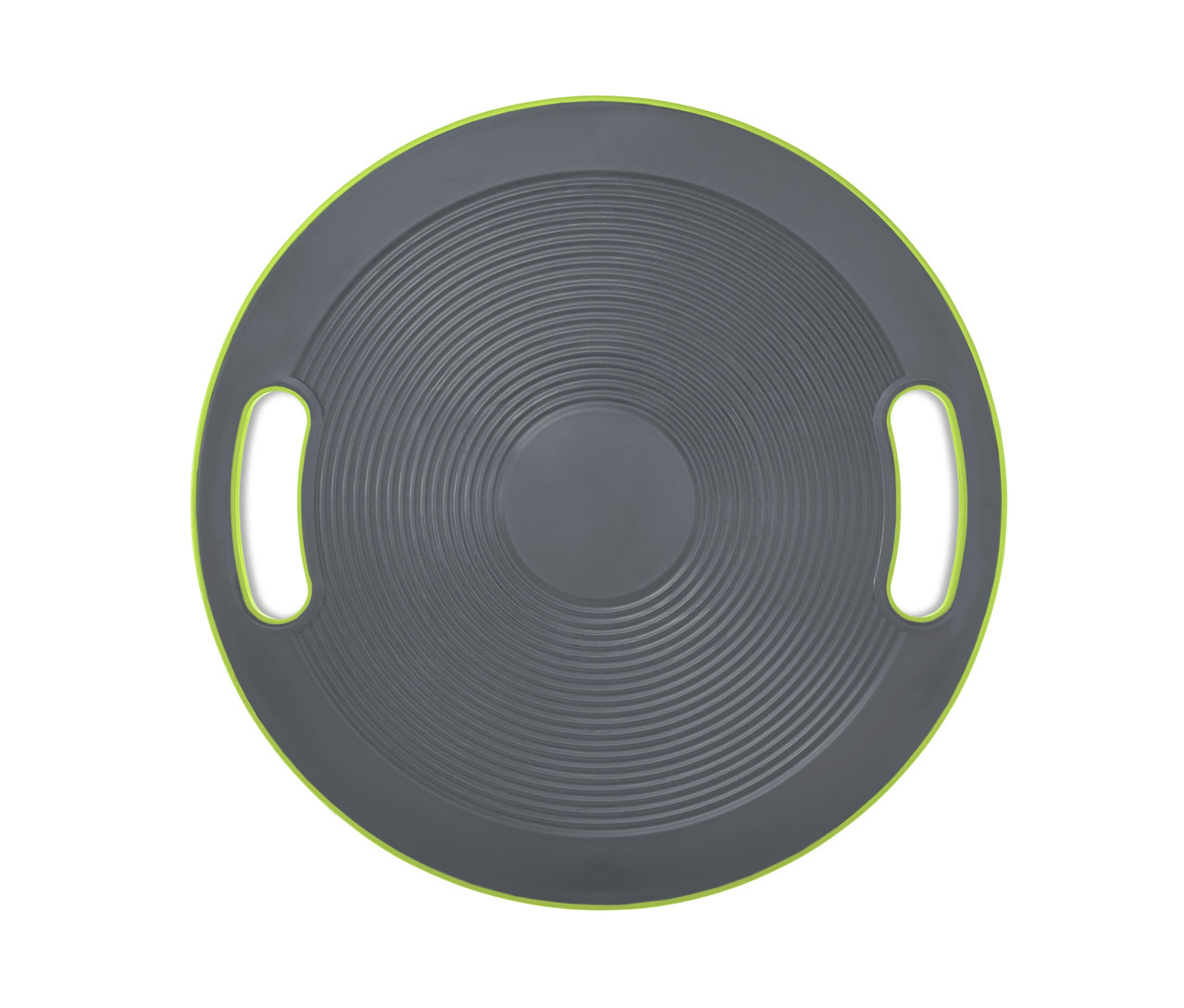 Graues Balance-Board mit limettengrünem Rand und Griffen.