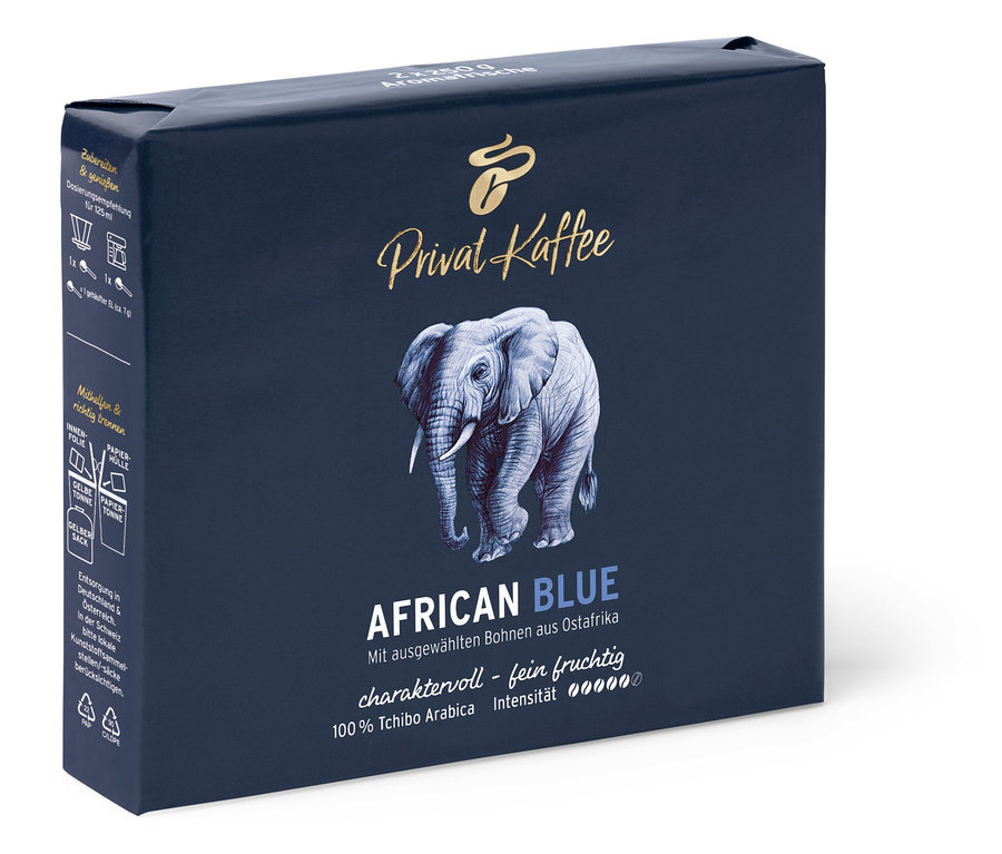 Eine Packung Privat Kaffee African Blue gemahlen mit einer Abbildung eines Elefanten.