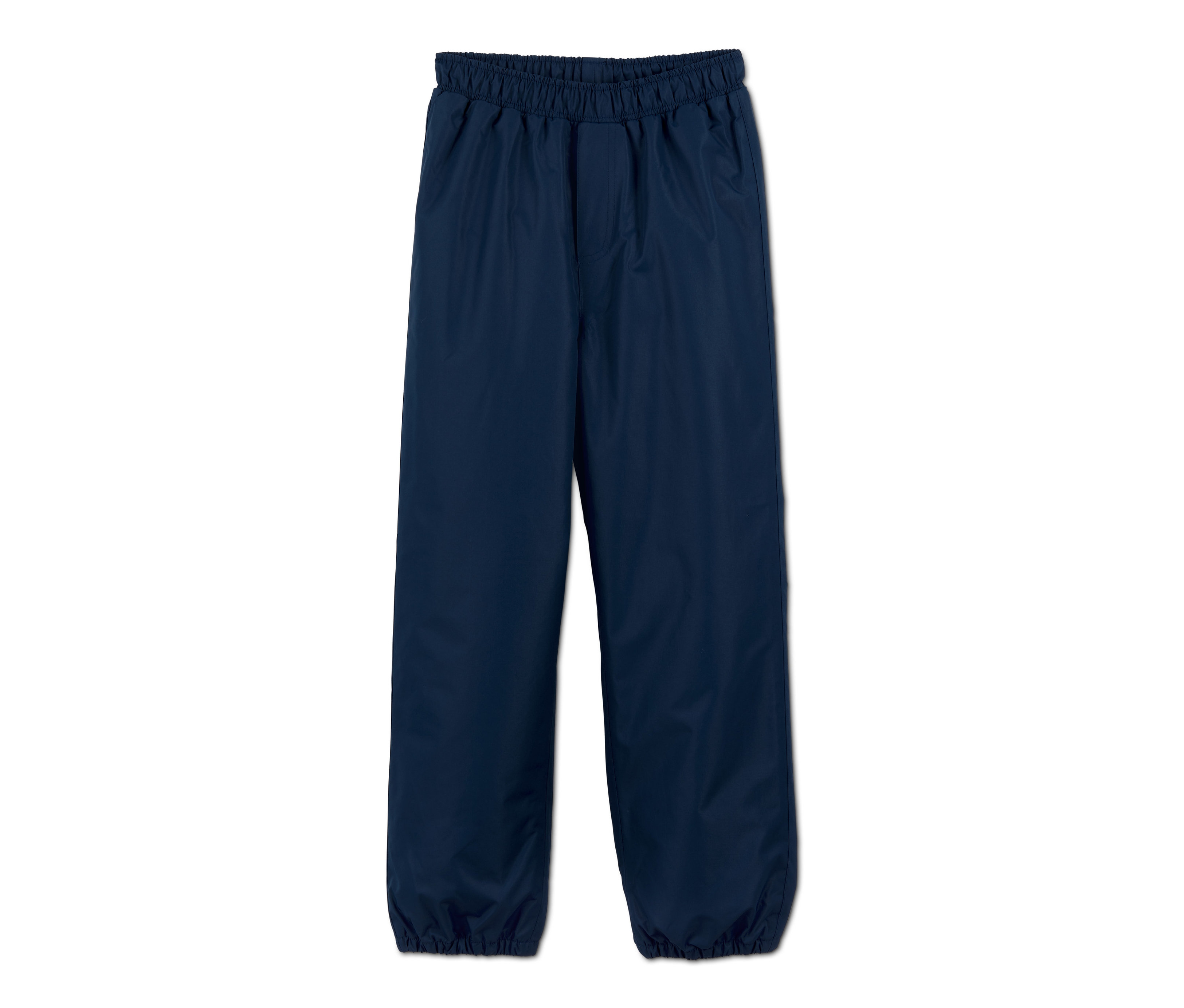 Dunkelblaue Regenhose vor weißem Hintergrund.