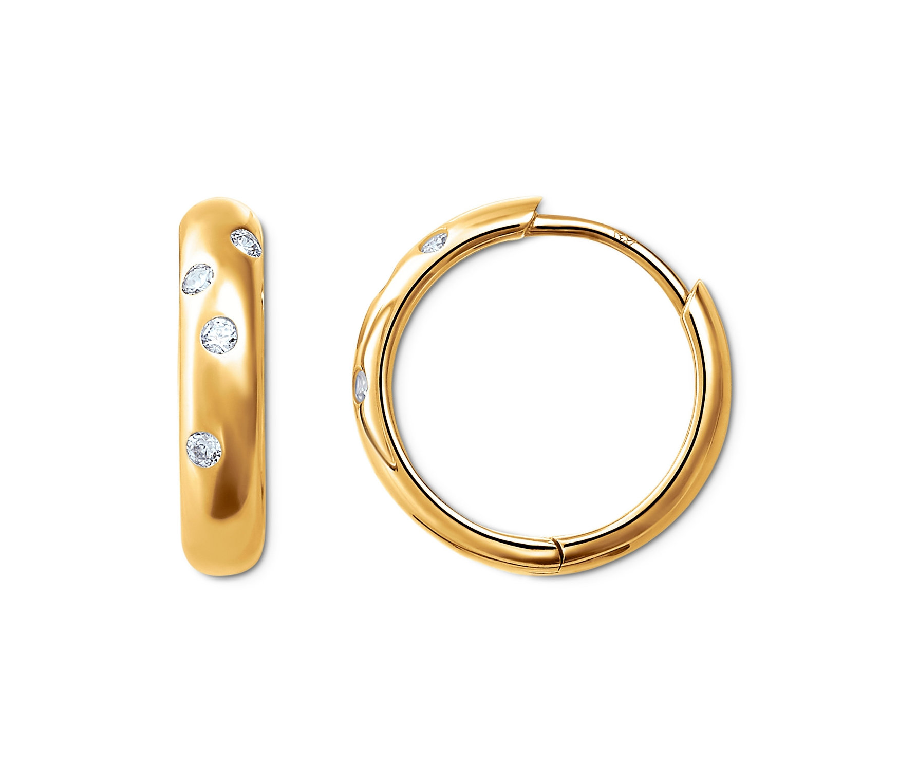 Zwei Creolen aus Gelbgold mit Zirkonia.