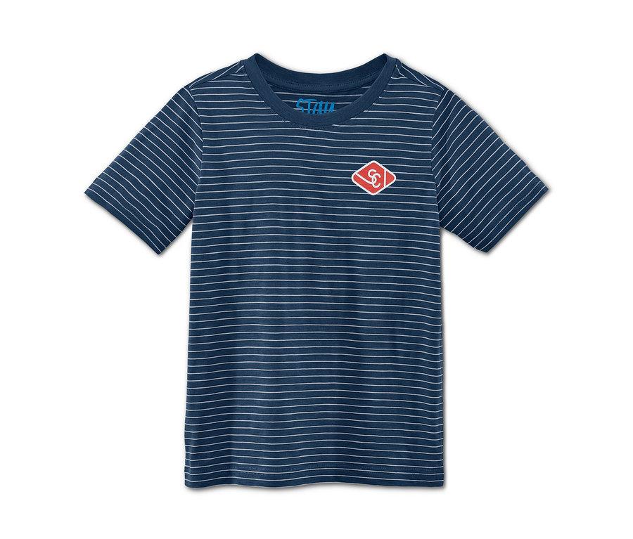 Blaues T-Shirt mit weißen Streifen, aus dem Set 2 T-Shirts.
