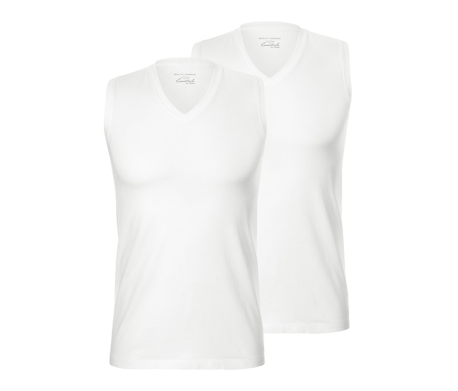 Zwei weiße Jersey-Tanktops mit V-Ausschnitt.