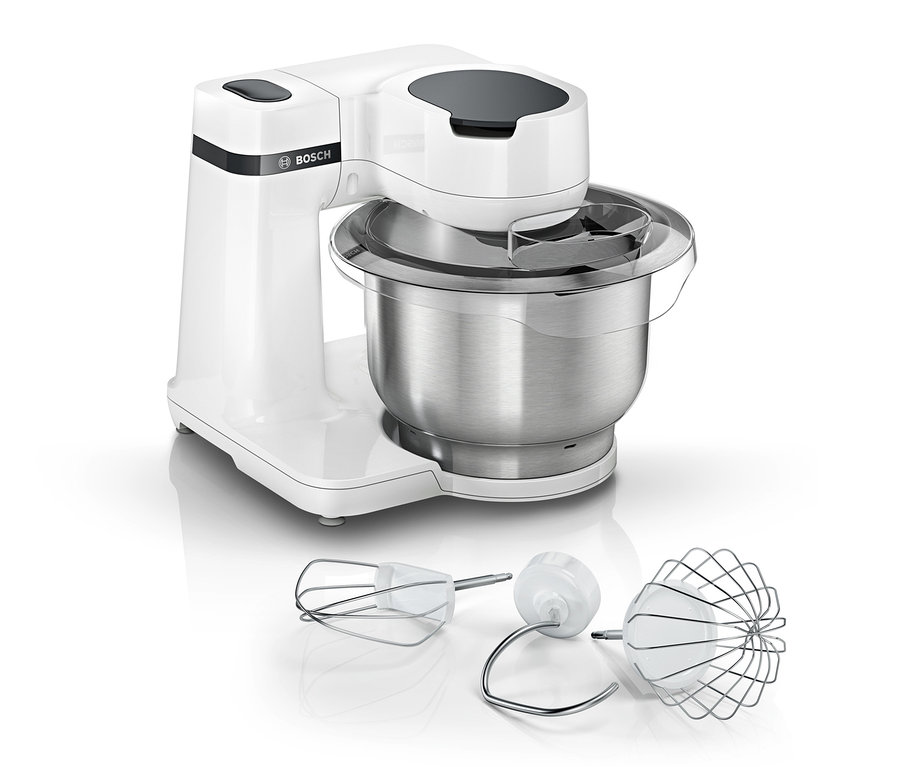 Weiße Bosch Küchenmaschine »MUMS2EW00«, 700 Watt, mit silberner Schüssel und drei Aufsätzen.