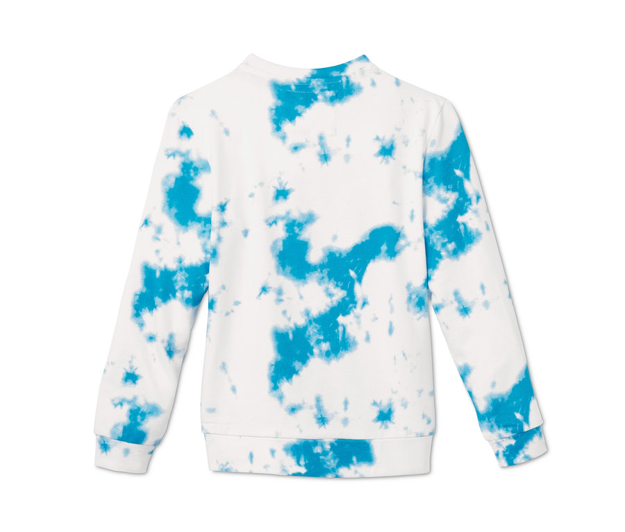 Weisses Sweatshirt mit blauem Batikmuster.