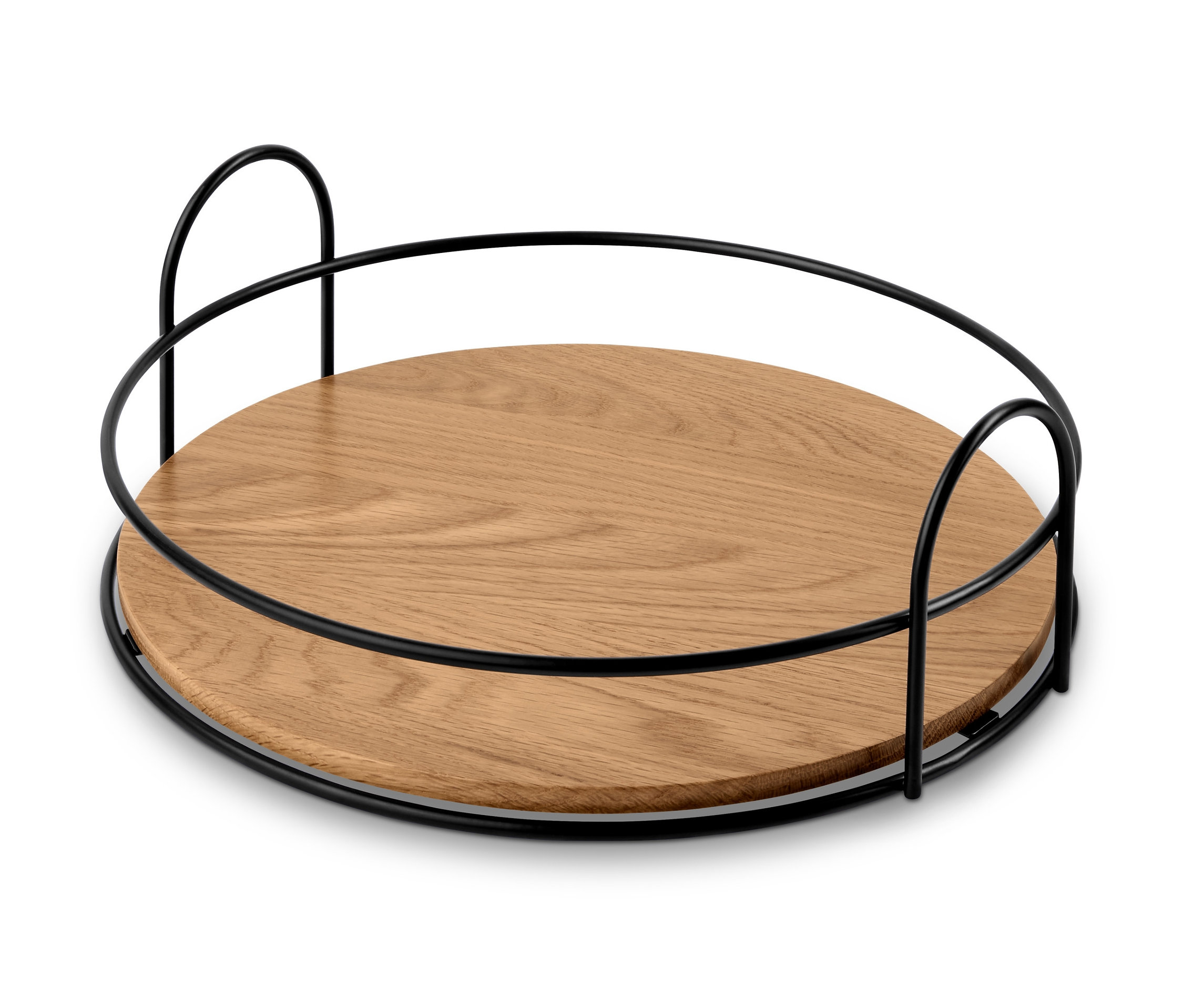 Ein Deko-Tablett mit Holzboden und schwarzem Metallrahmen in der Frontansicht.