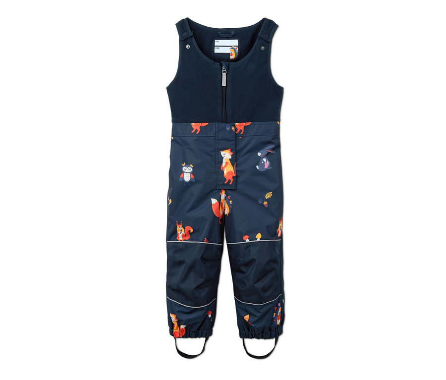 Mehrfarbige Thermo-Regenhose mit Fleecelatz aus recyceltem Material und Tiermuster.