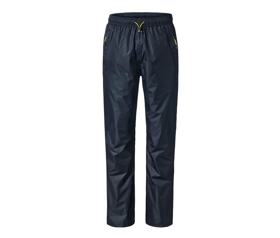 Dunkelblaue Unisex-Regenhose mit elastischem Bund und gelbem Kordelzug.