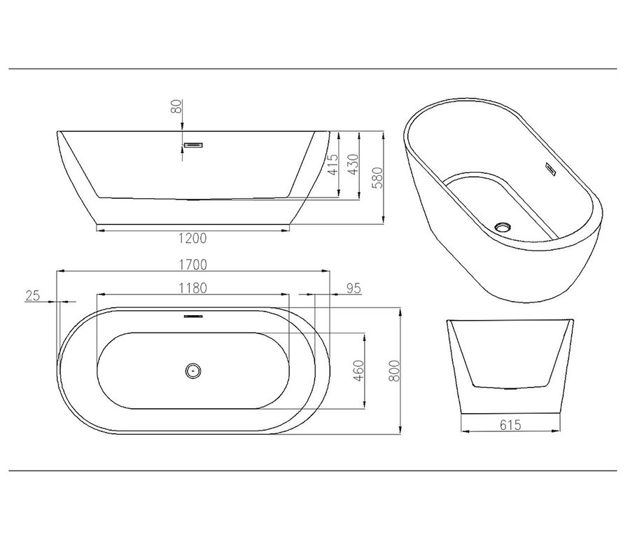 Technische Zeichnung der Home-Deluxe-Badewanne »CODO« mit Seiten-, Ober- und perspektivischer Ansicht und Bemaßung.
