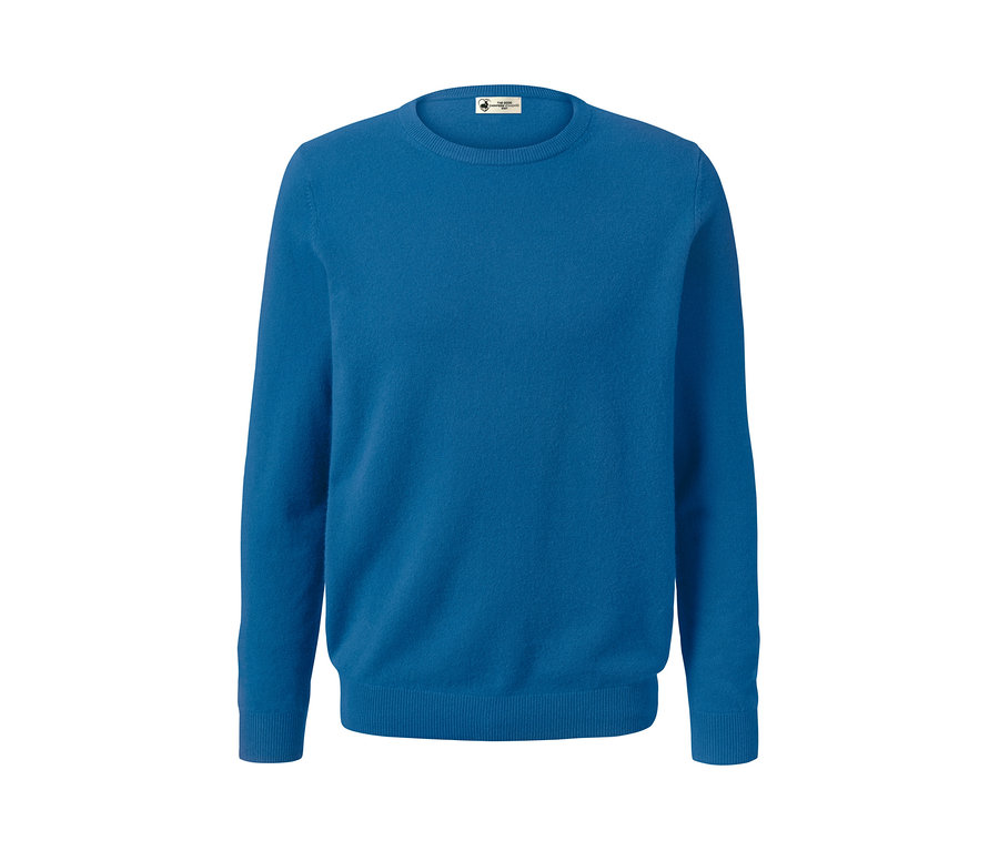 Blauer Cashmere-Pullover mit Rundhalsausschnitt.