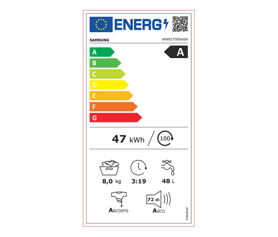 Energielabel der Samsung Waschmaschine »WW81T956ASH/S2«, A (von A bis G), 8 kg, 1.600 U/ Min., mit einem Verbrauch von 47 kWh/100 Zyklen, 72 dB Lautstärke und einem Wasserverbrauch von 48 Litern.