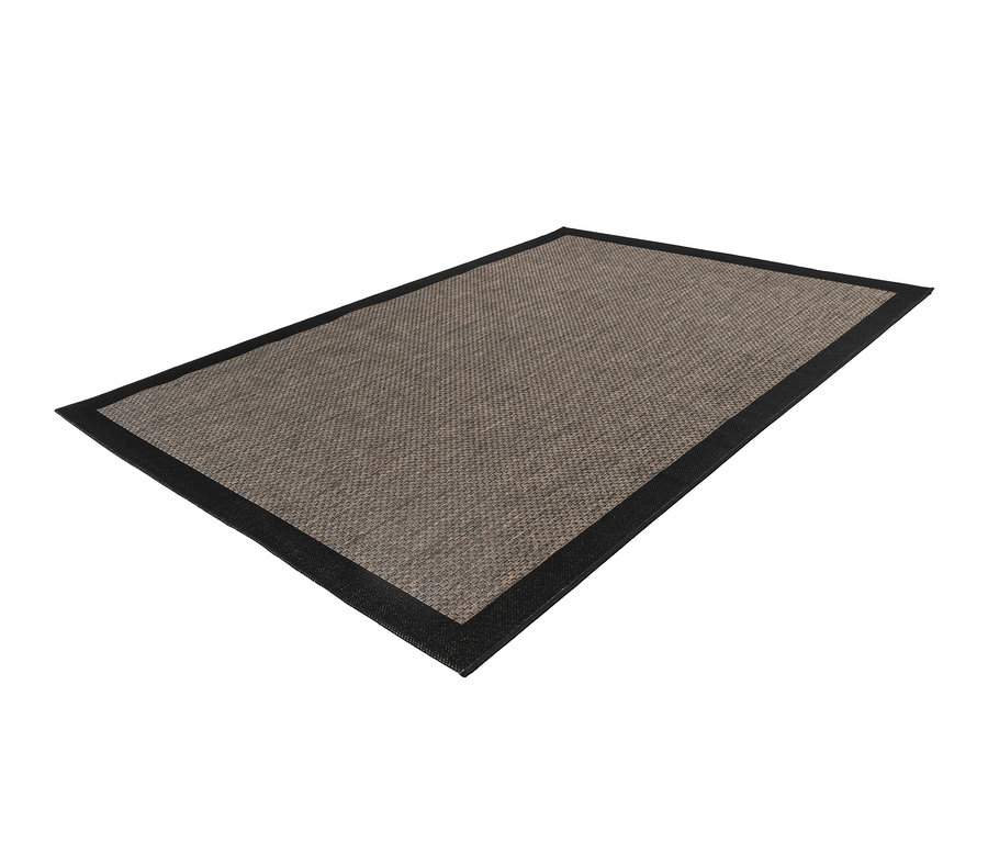 Grauer Kayoom Outdoor-Teppich Splash 100 mit schwarzem Rand.