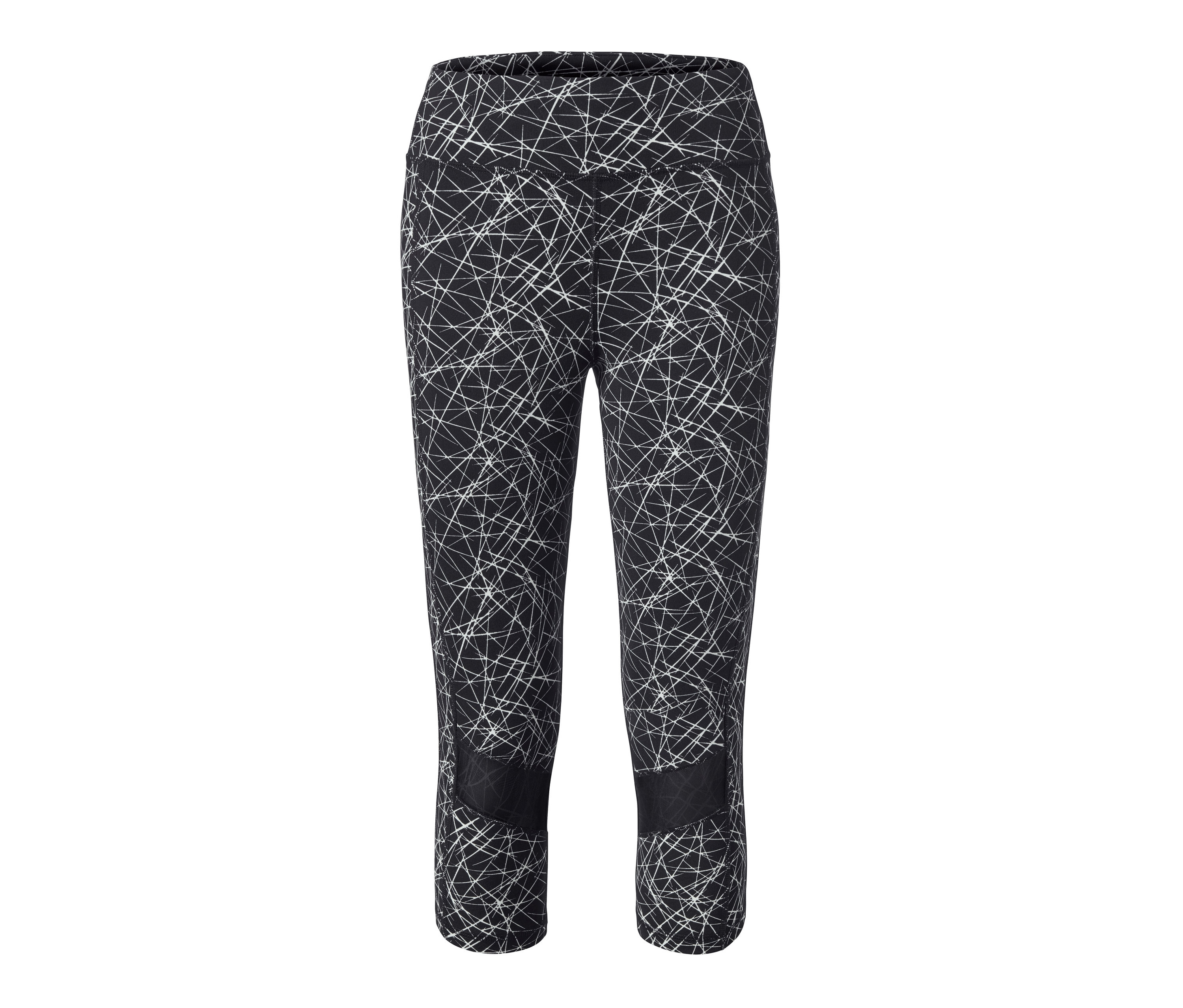 Eine schwarze 3/4-Sporttight mit weißem geometrischem Muster und Netzstoffeinsätzen an den Knien.