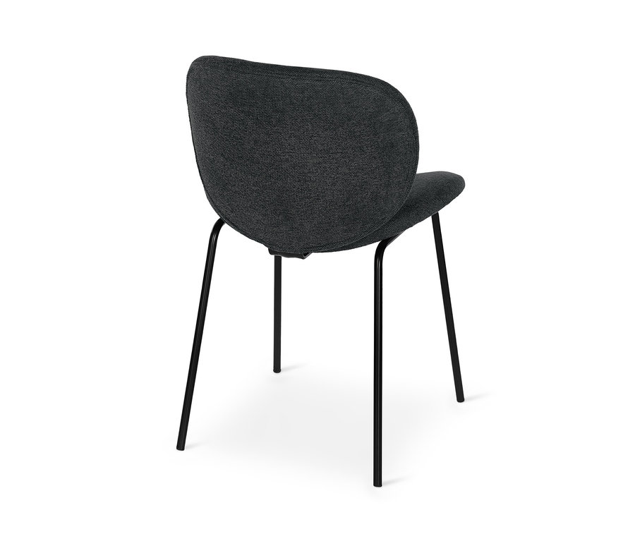 Dunkelgrauer, gepolsterter Designstuhl von hinten.