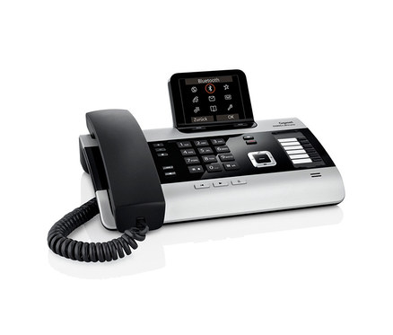 Schwarzes und silbernes Gigaset DX800A all in one Telefon mit Bildschirm.