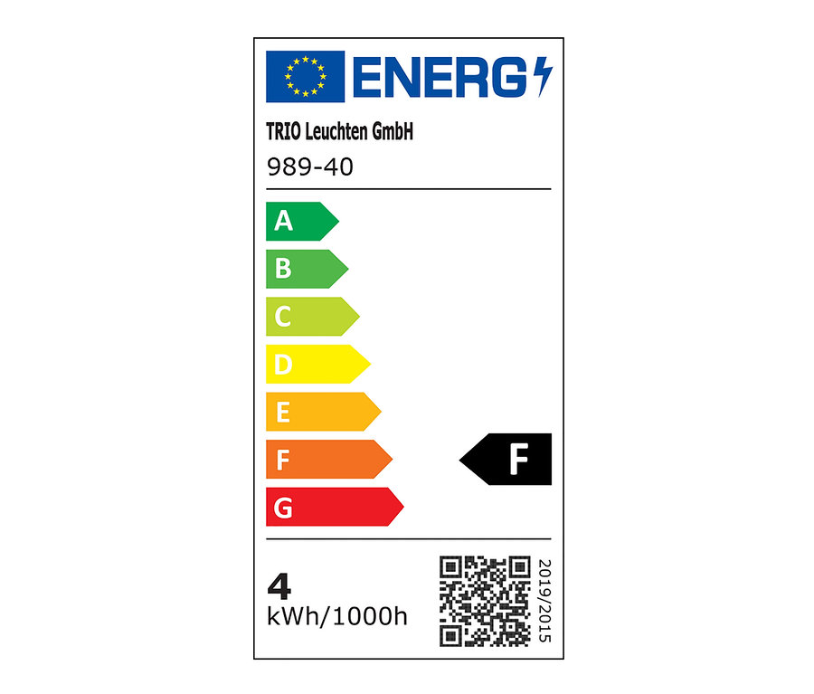 Energielabel mit den Klassen A bis G, Produkt hat Klasse F und verbraucht 4 kWh/1000h.