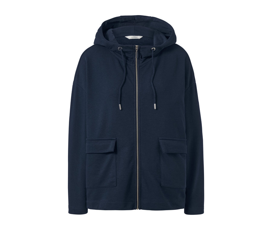 Marineblaue Sweatjacke mit Kapuze und Reißverschluss in der Mitte.