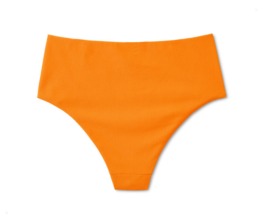 Orangefarbener Bikinislip mit strukturierter Oberfläche.