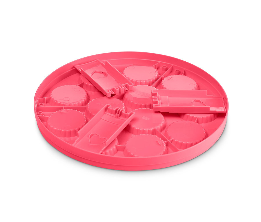 Ein rosa Tortenbehälter mit Mulden für Muffins und Griffen.