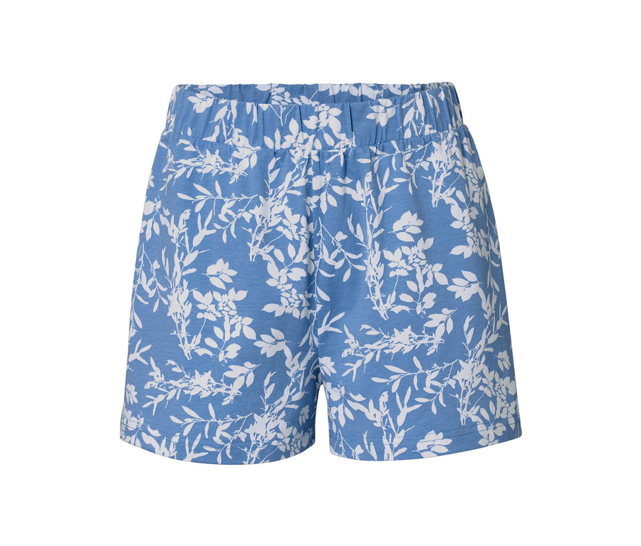 Blauer Shorty-Pyjama mit weißem Blumenmuster.