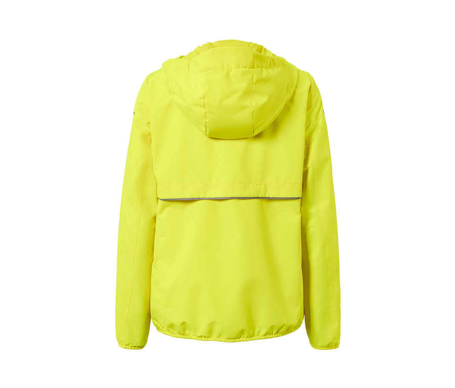 Rückansicht der neongelben Windprotection-Laufjacke mit Kapuze.
