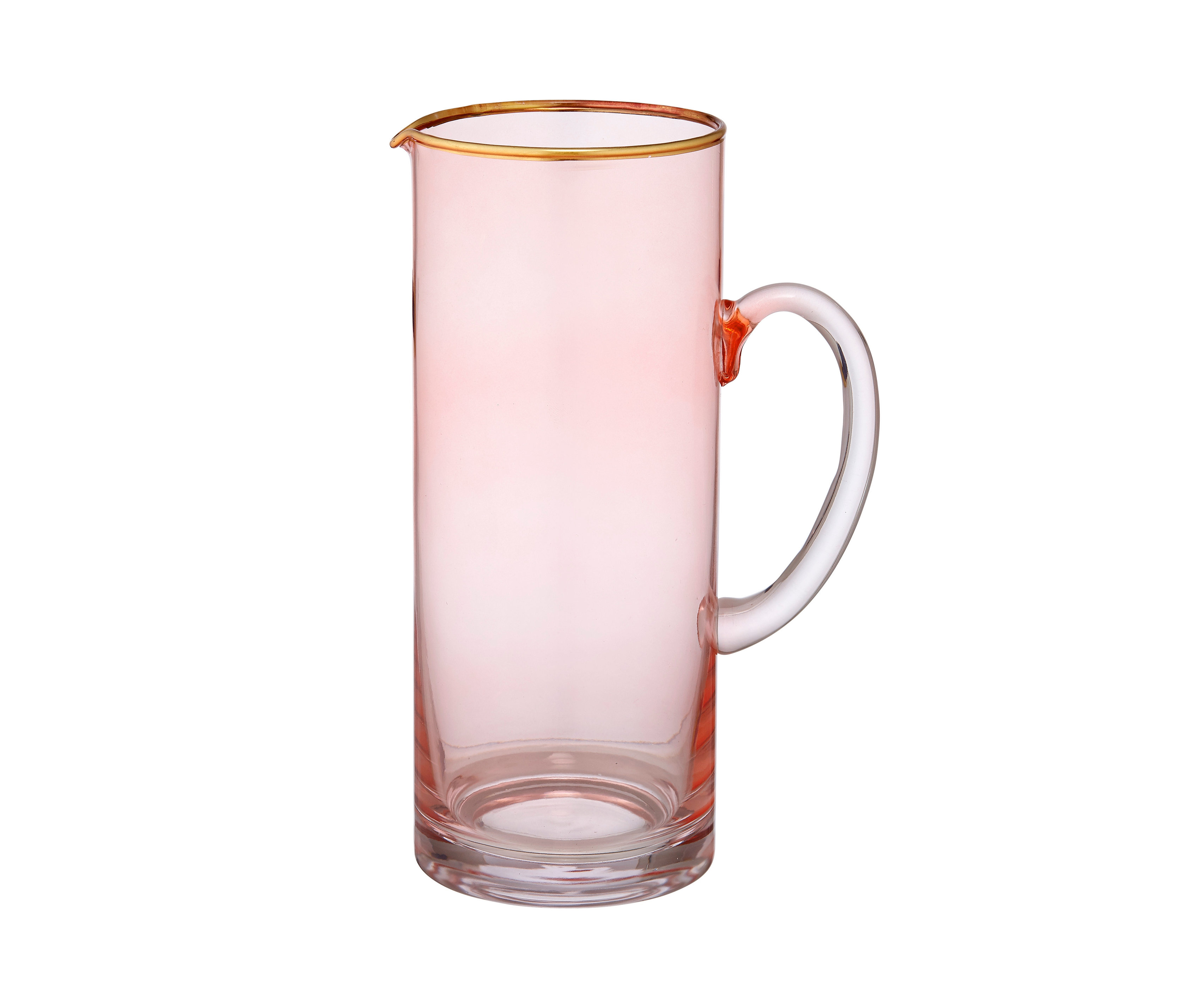 Rosa Glaskrug »Chloe« mit transparentem Griff und goldenem Rand.