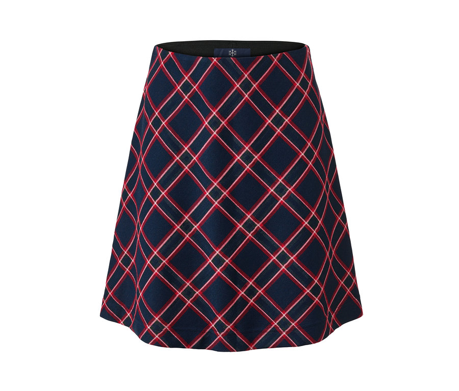 Karierter Jacquard-Rock mit dunkelblauem, rotem und weißem Muster.