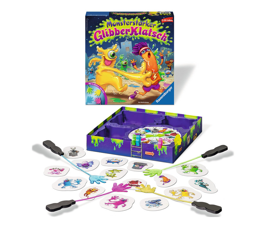 Das Brettspiel Ravensburger »Monsterstarker Glibberklatsch« mit Monsterkarten, klebrigen Händen und Spielbrett.
