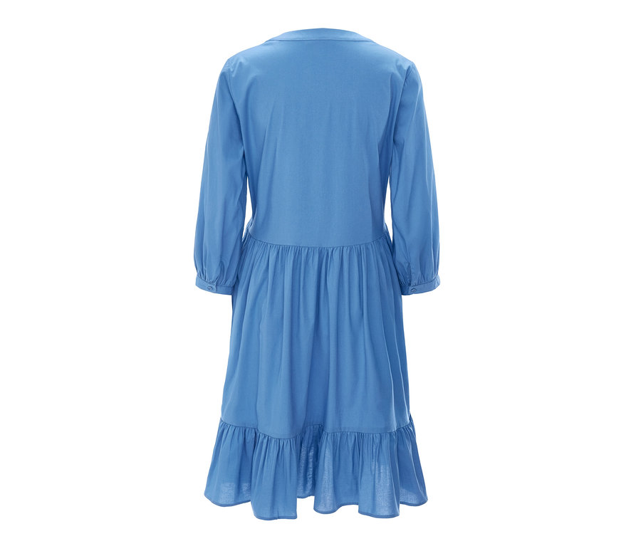 Blaues Popeline-Kleid mit langen Ärmeln und Rüschen.