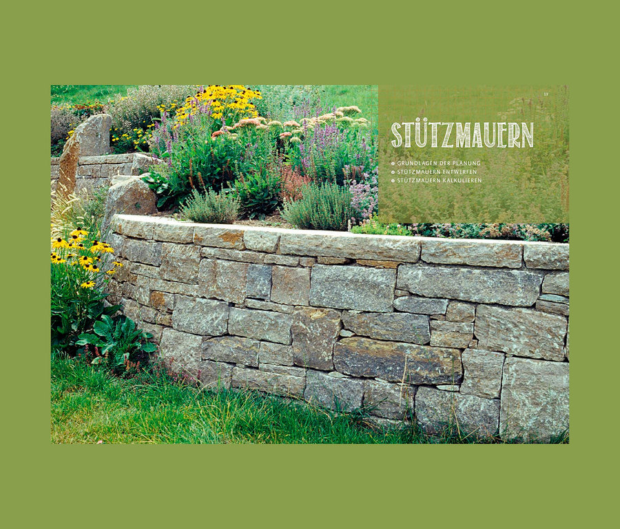 Eine Steinmauer umgeben von Grün und Blumen. Auf der Seite ist das Buch »Der neue grosse Gartenplaner« sichtbar.