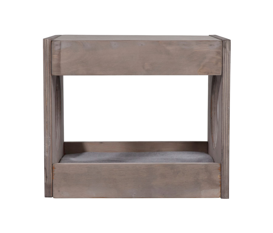 Graues Katzenmöbel-Set aus Holz mit Stoffeinlage.