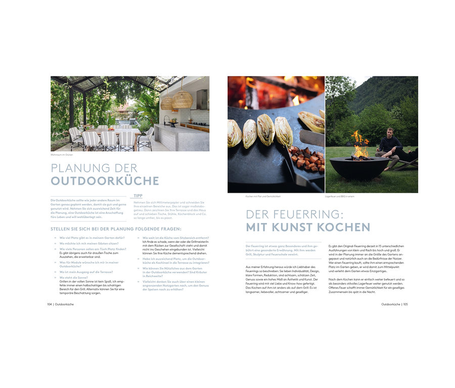 Eine Outdoor-Küche mit Sitzbereich und Grill. Das Buch "Der A bis Z Gartencoach" liegt auf dem Tisch.
