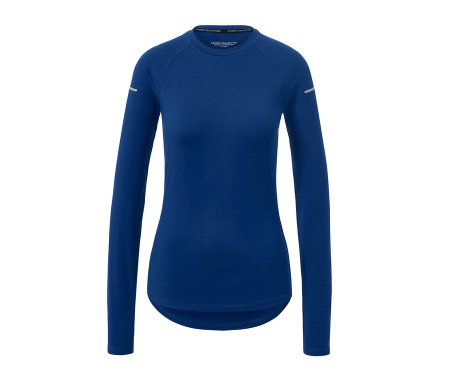 Blaues Langarm-Funktionsshirt auf weißem Hintergrund.