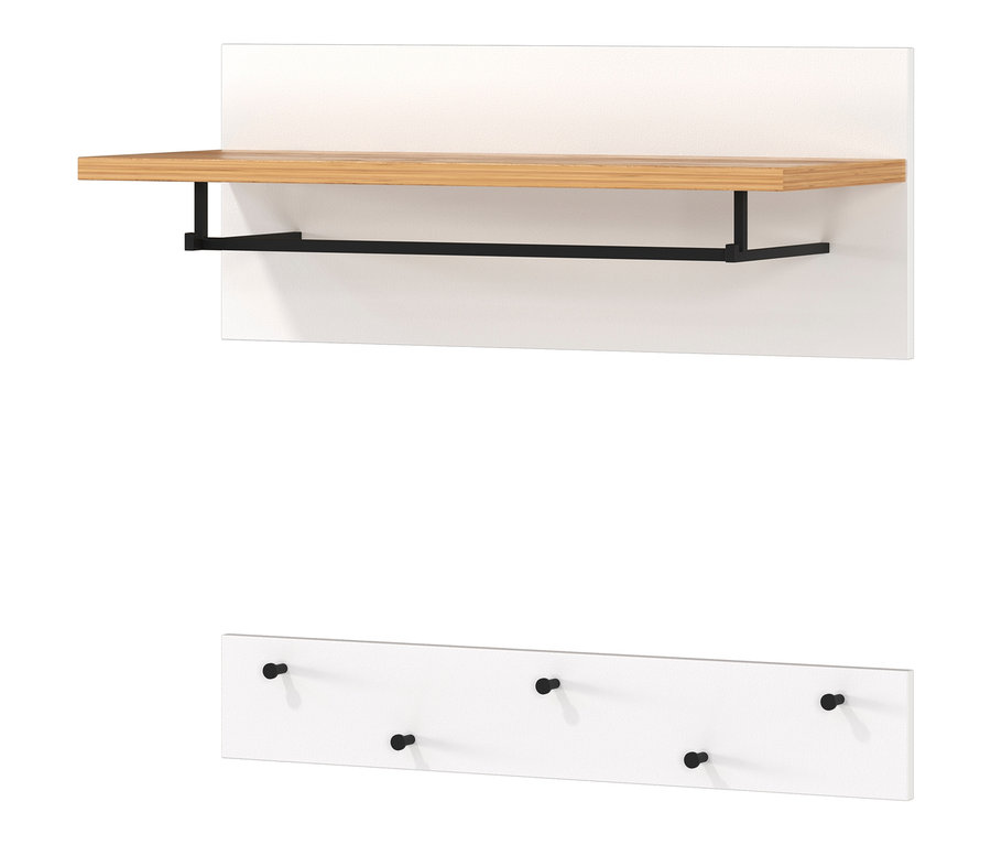 Weiße Wandpaneele mit Holzablage und schwarzen Haken. Garderobenpaneel »Lucena«