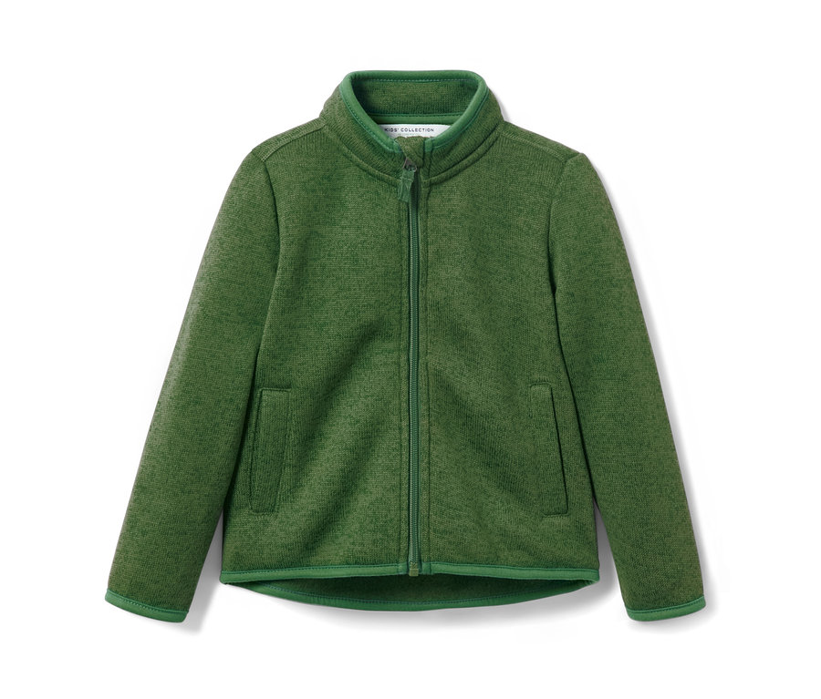 Grüne Kleinkind-Strickfleecejacke mit Reißverschluss und Taschen.