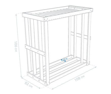 Skizze eines Kaminholzregals "Harald" mit Abmessungen.
