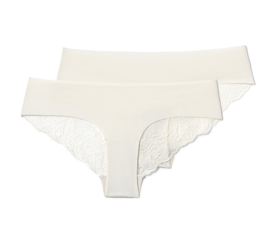 Zwei creme Magic-Cut-Brazil-Slips mit Spitze.