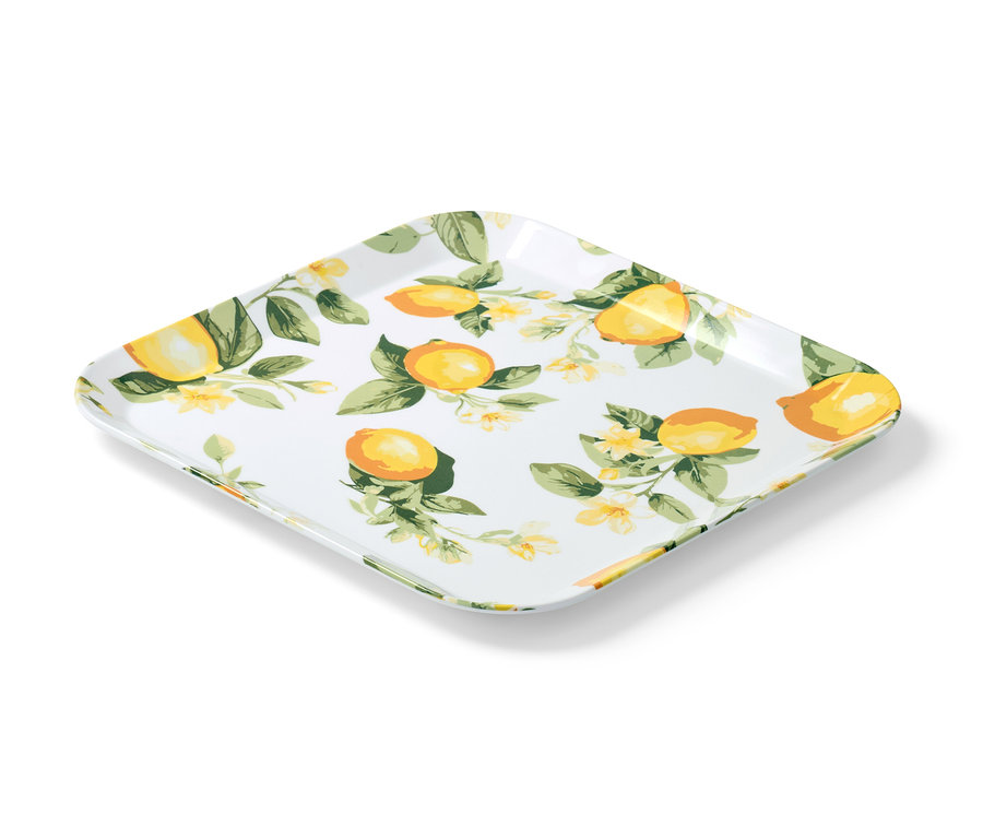 Ein quadratisches Tablett mit Zitronen- und Blumenmuster.